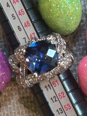 925 Sterling Silver Sapphire Blue Cut Gemstone Statement Ring Impressive-Sz. 5